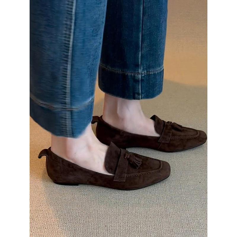 Sheepskin Version~ Genuine Leather Retro Square Head Fringed One-pedal Loafers Women's Commuting Versatile Flat-soled Small Leather Shoes Single Shoes
