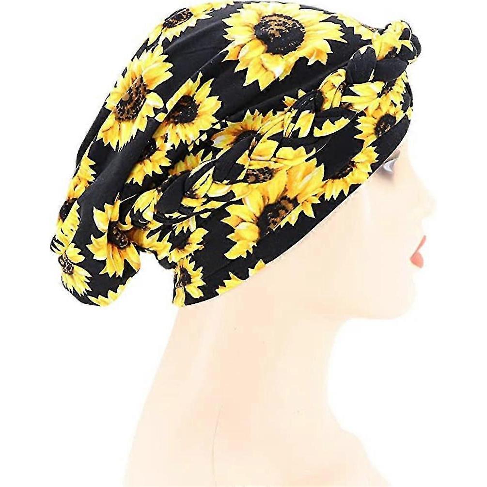 Milk Silk Print Braided Head Cap Hair Loss Hood Hat Twisted Braid Headwear (Sunflower) - DD01