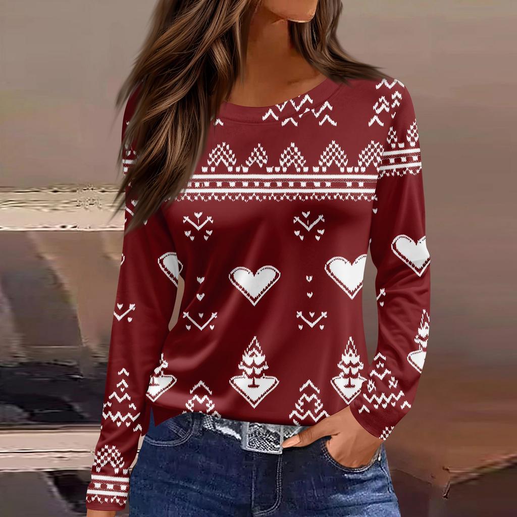 Женская модная повседневная футболка с разрезом по низу, круглым вырезом, длинными рукавами, свободного кроя, с рождественским принтом, женский топ