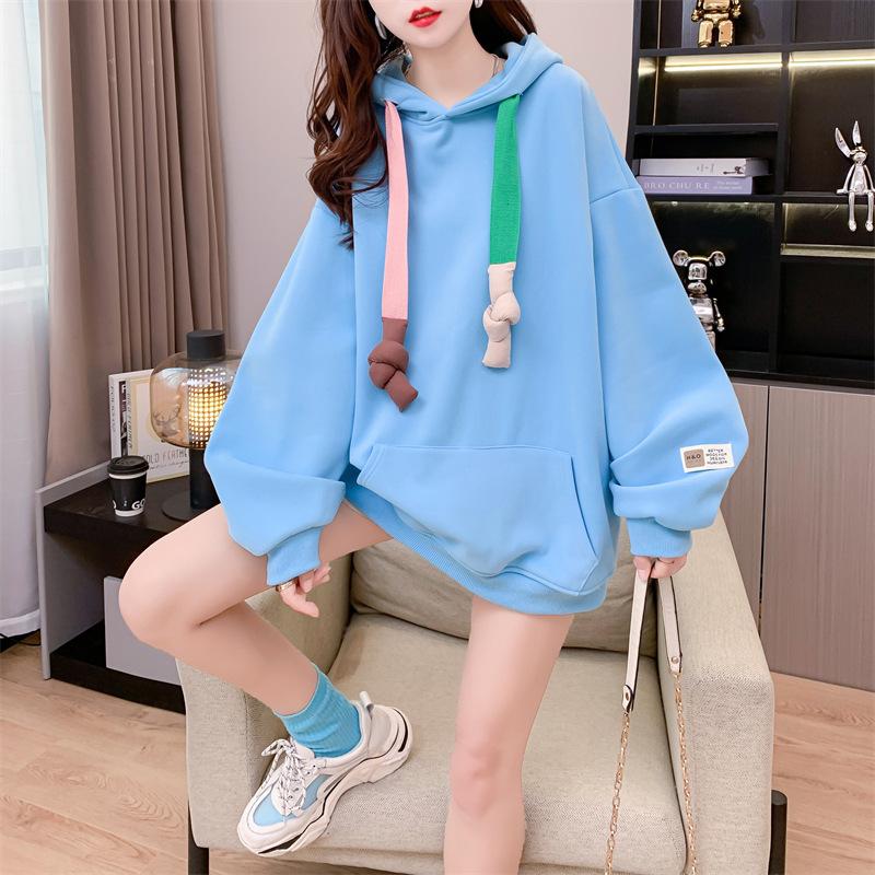 Women's Hooded Long Sleeve Oversized Casual Top Color Block Denim Splicing Letter Print Loose Fashion Hoodie Blouse