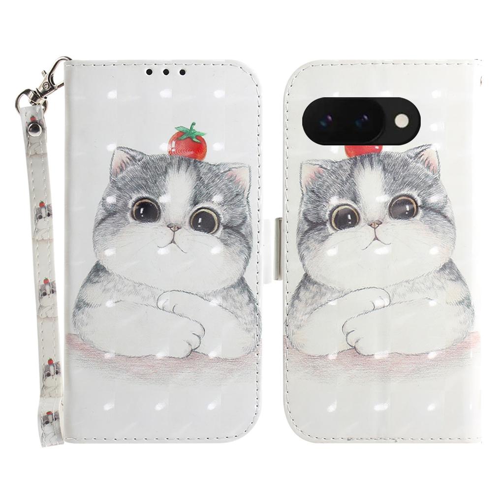 For Google Pixel 9a Case Pattern Printing Leather Wallet Phone Cover with Wrist Strap
