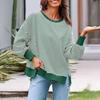 Women Striped Oversized Sweatshirt Long Sleeve Crewneck T-Shirt Split Hem Waffle Knitted Tunic Top Casual Fall Sweater