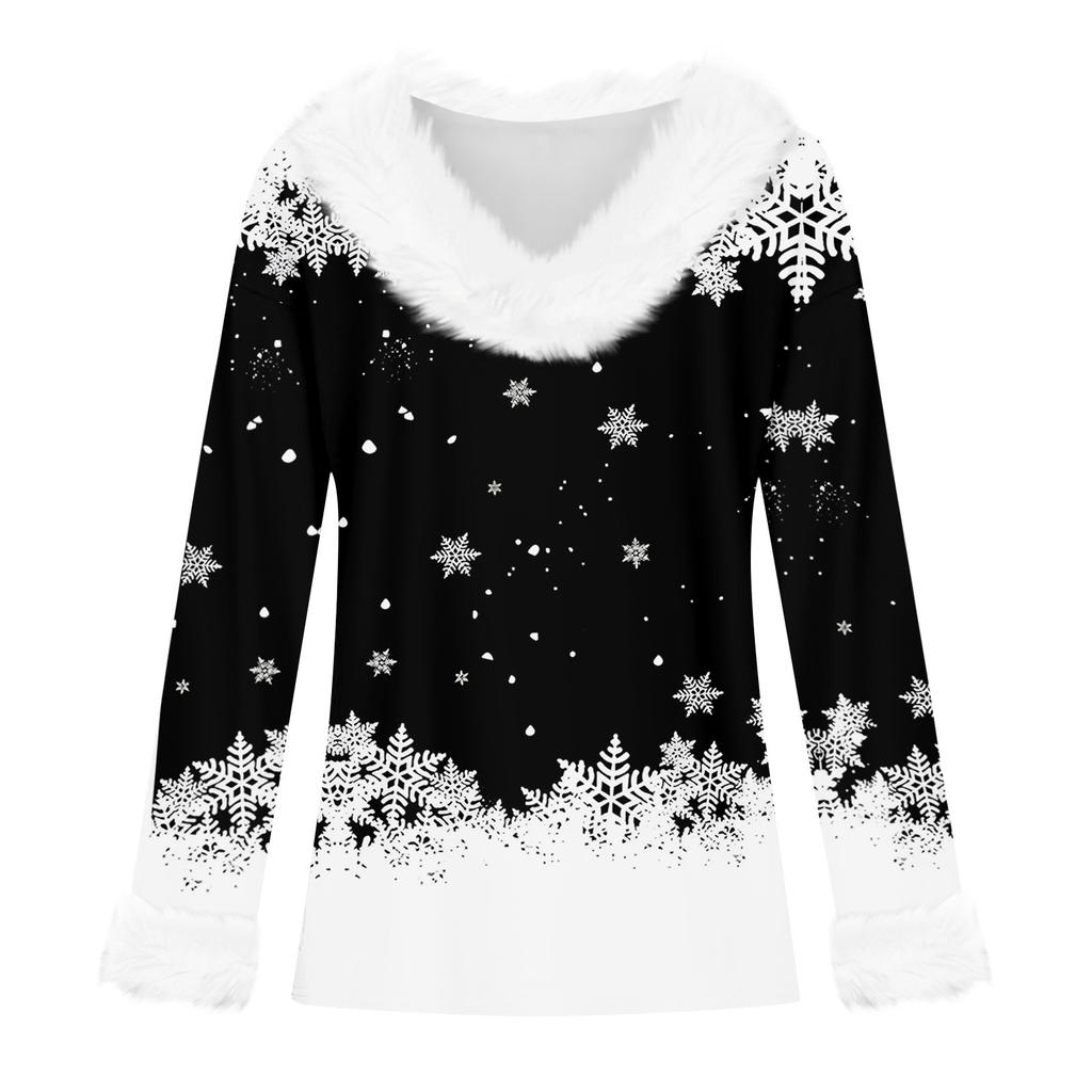 Женская мода повседневная плюшевая кофта с длинным рукавом и V-образным вырезом с рождественским принтом