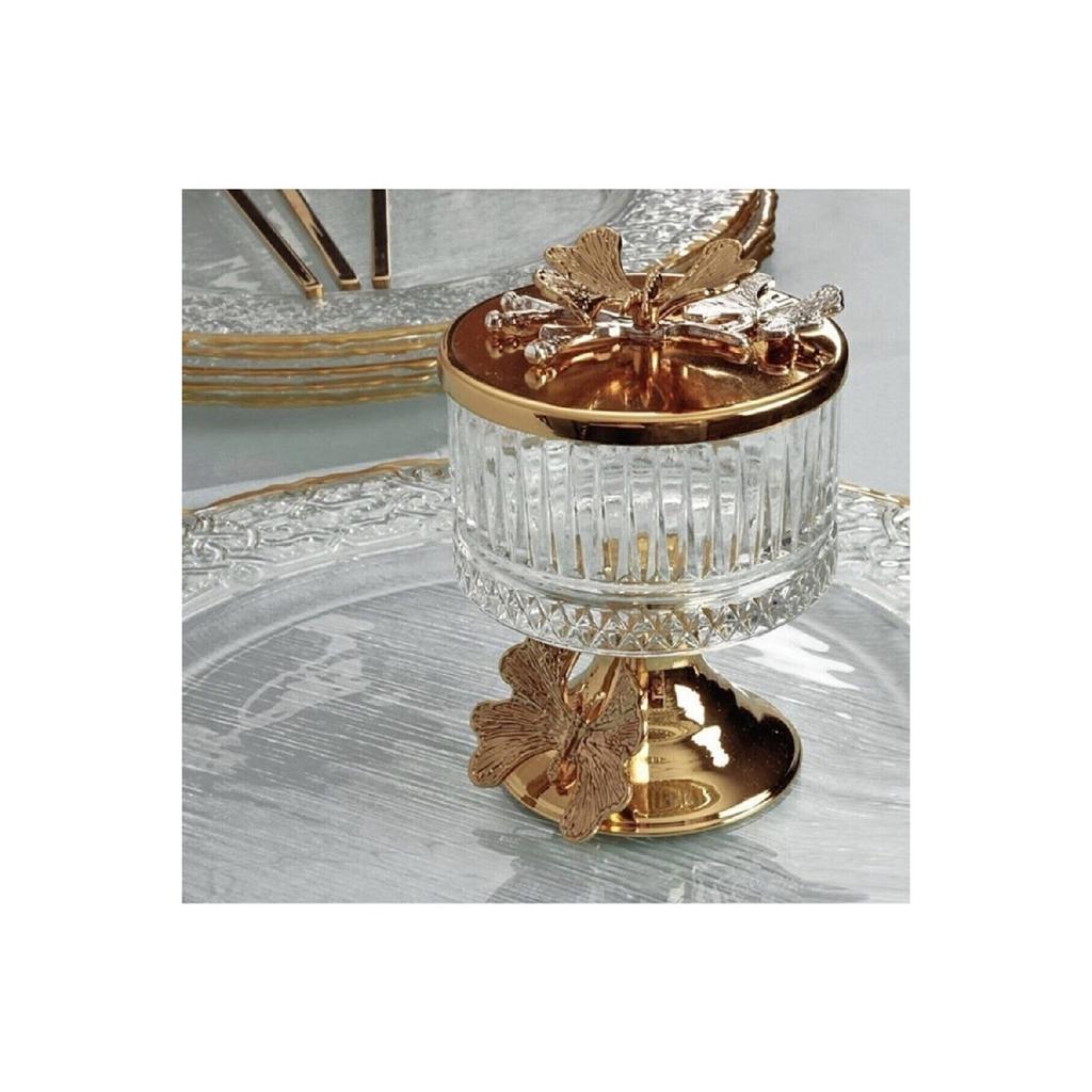 Stylishly Designed Elysa Glass Sugar Bowl, Snack Bowl, Turkish Delight Bowl, Presentation Bowl With Gold Footed And Butterfly Lid