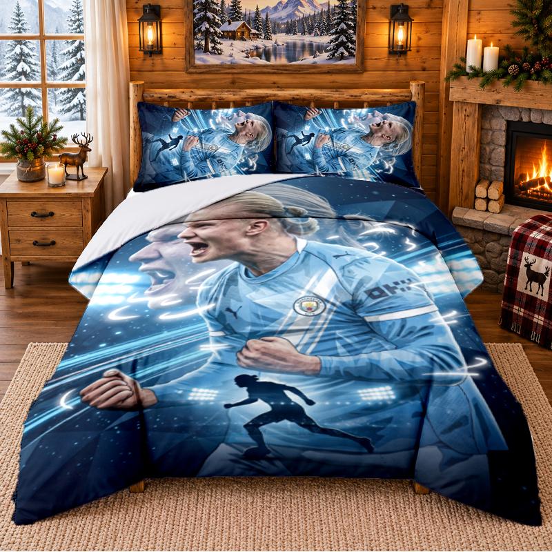 Printed 3Pcs Bedding Set Erling Haaland Pattern Bed Sheet Pillowcase For Bedroom Decor