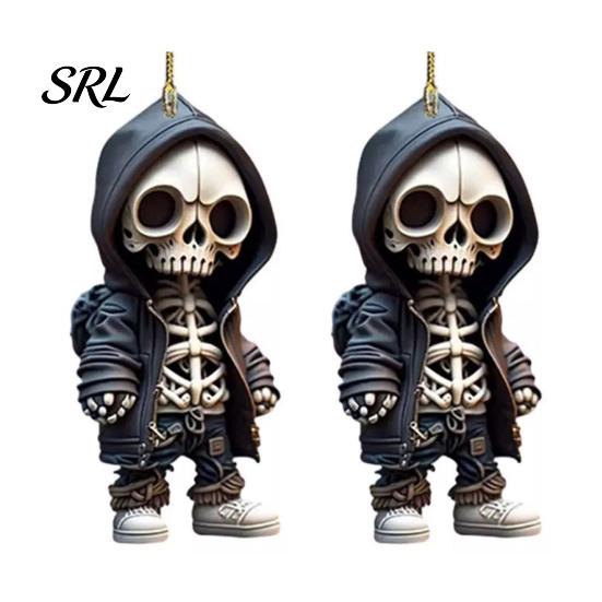 Gothic Style Vehicle Decoration 2Pcs Hoodie Skeleton Ornaments, 2D Flat Acrylic Pendants, Backpack Pendant And Keychain Charm Hanging Ornaments