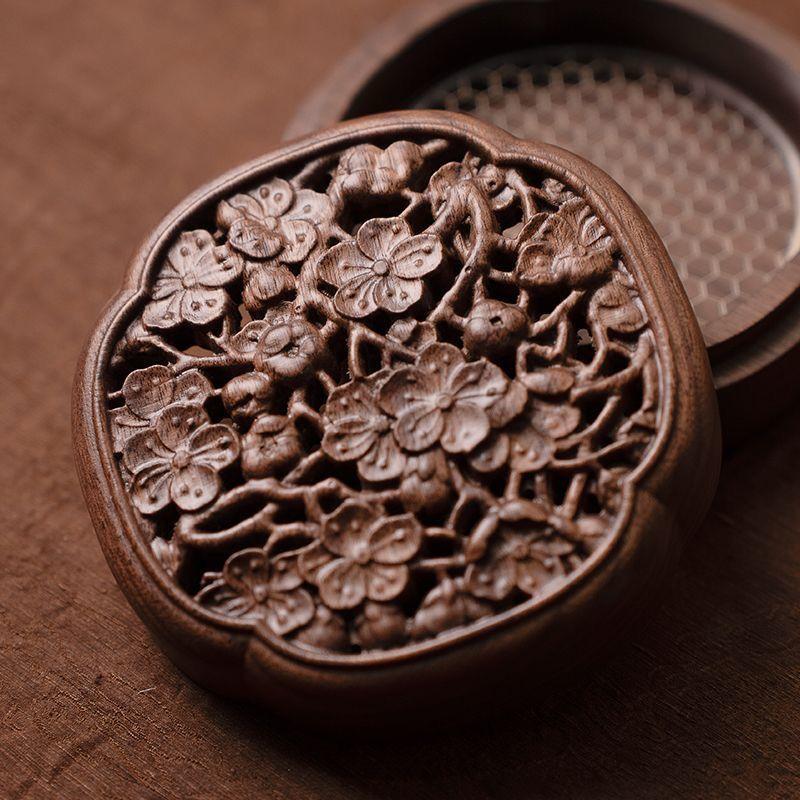 Black Walnut Hollow Incense Burner with Lid, Large Solid Wood Home Interior Aromatherapy Tea Ceremony Decoration