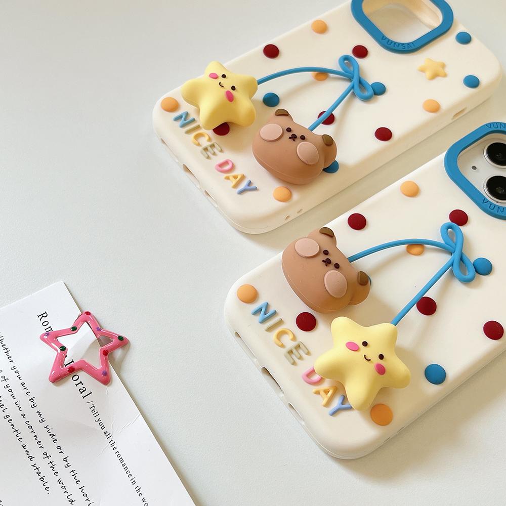 Cute Bear 3D Colorful Polka Dot Silicone Phone Case for IPhone 13 14 15 16 17 Pro Max 15pro 15Plus Shockproof Lovely Back Cover