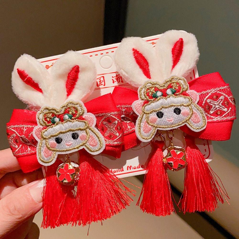 Bunny Plush Rabbit Hairpin Tassel Chinese New Year Headwear Sweet Bow Hair Clip  Children