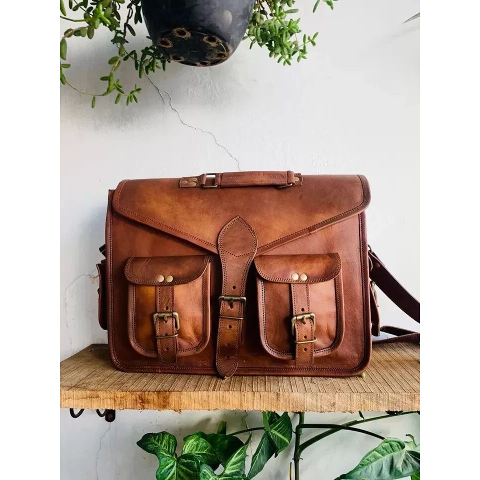 Мужская сумка-мессенджер из козьей кожи, сумка для ноутбука, коричневая сумка ручной работы ( Бесплатная подарочная сумка для ноутбука Sling Brown Размер - 9 x 7 x 3 дюйма )