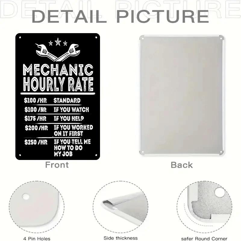 1 item: Funny tinplate wall hanging for car repair shops; humorous slogans about mechanic hourly rates; decorative wall painting