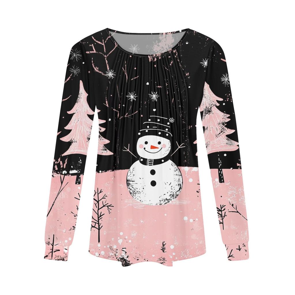 Женская повседневная футболка с круглым вырезом и длинными рукавами с рождественским принтом и складками