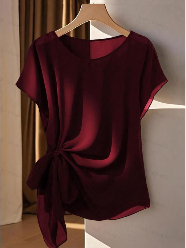 Элегантный винно-красный шифоновый топ с драпировкой на талии и короткими рукавами