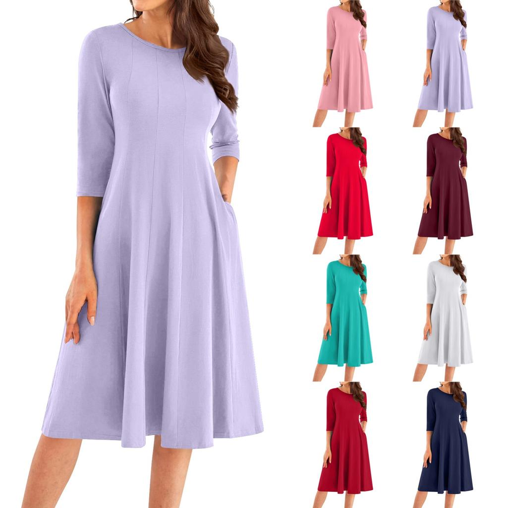 Women's Casual Fashion Round Neck Three Quarter Sleeve Solid Color Midi Dress