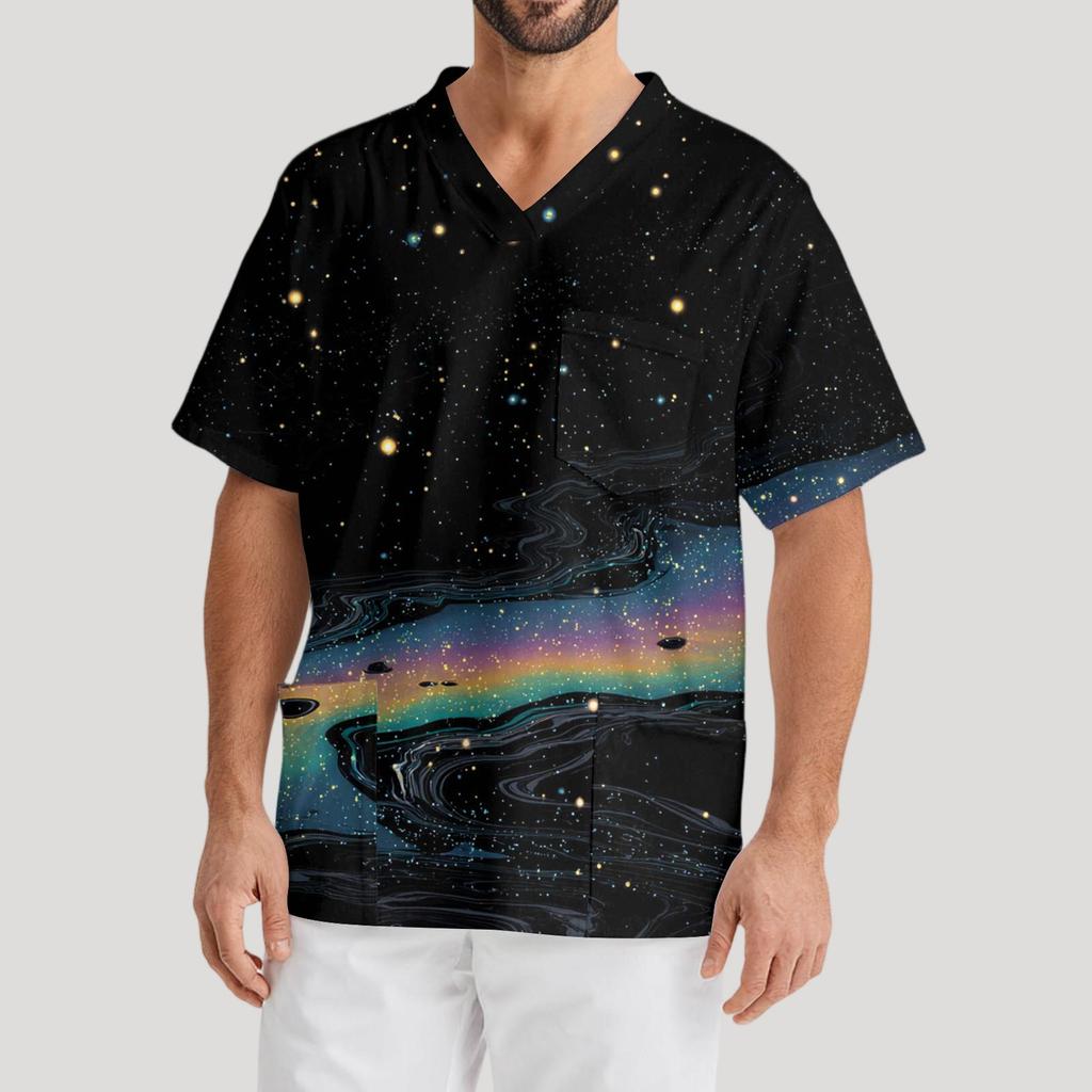 Мужская рабочая блузка с короткими рукавами и v-образным вырезом с принтом, топ с нагрудным карманом