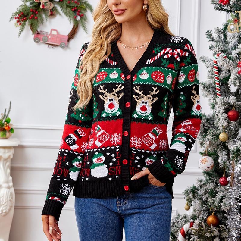 Осенне-зимний женский вязаный кардиган свитер с рождественским принтом повседневный однобортный трикотажный свитер с длинными рукавами и V-образным вырезом