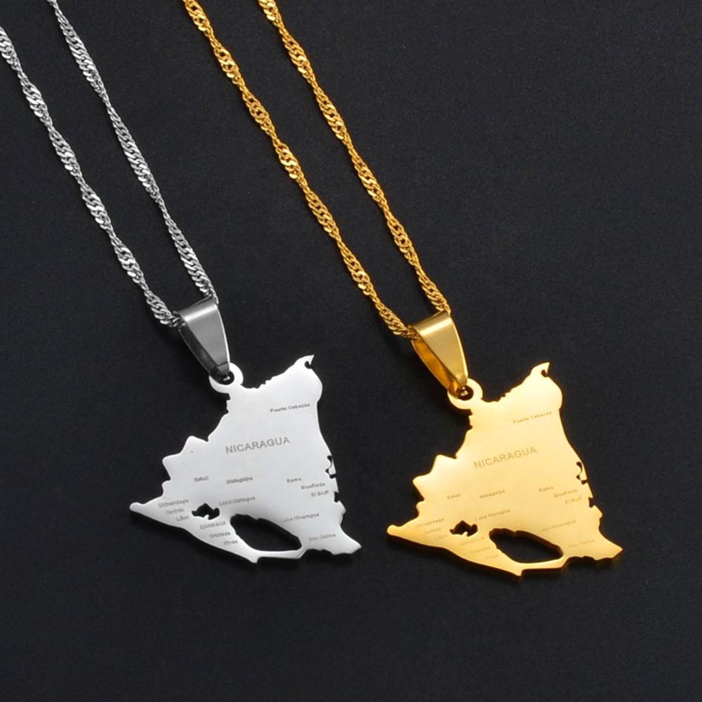 Nicaragua Map with Cities Stainless Steel Necklace Trendy Silver/Gold Pendant for Weddings Engagements Parties-Gift Idea #266821