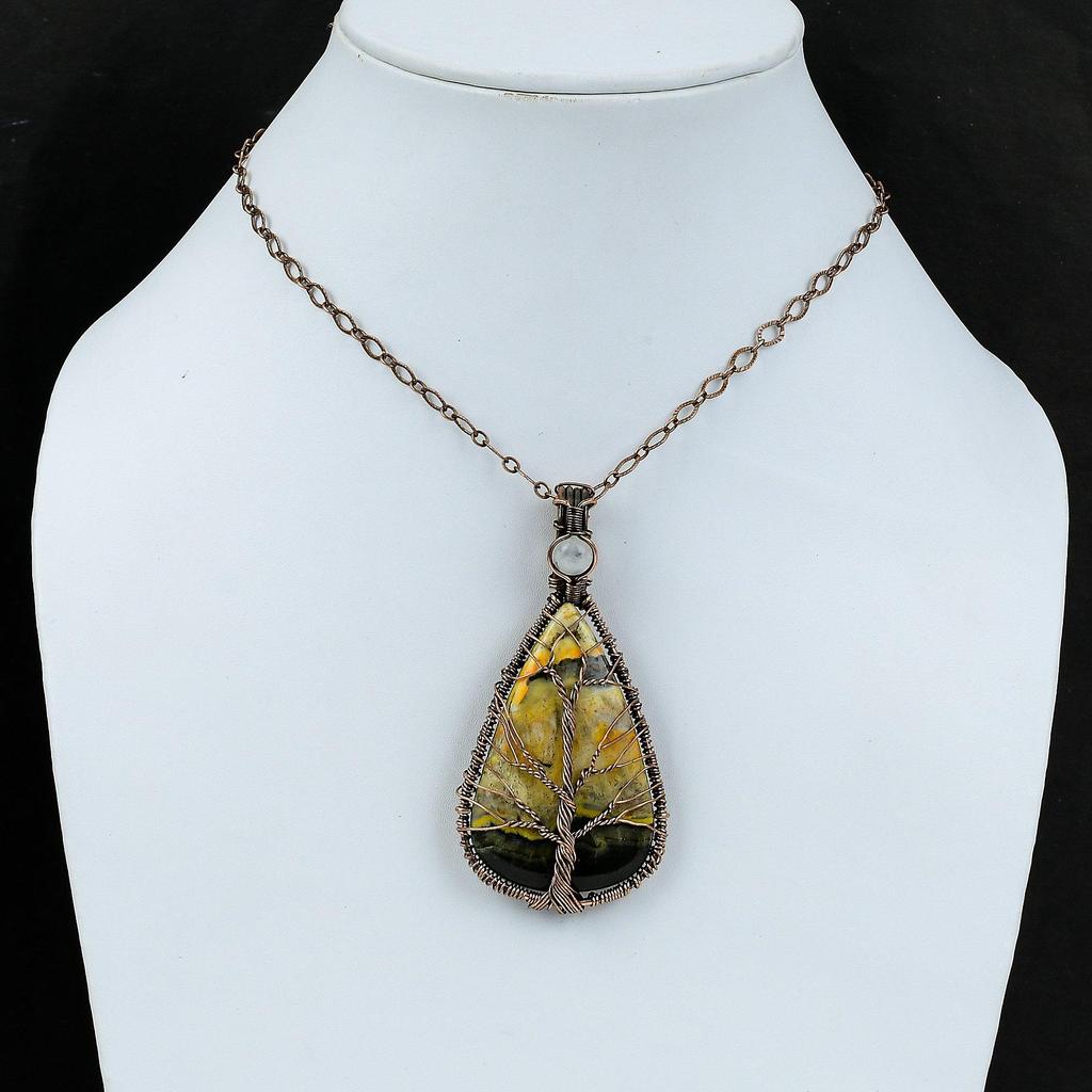 Tree Of Life Bumble Bee Jasper Pendant Copper Wire Wrapped Pendant Rainbow Moonstone Pendant Handmade Gemstone Pendant Dainty Copper Jewelry