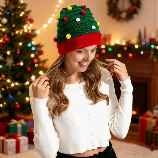 Рождественская вязаная шапка красно-зеленая лоскутная цветная вязаная шерстяная шапка с помпоном праздничная шапка для праздничной вечеринки