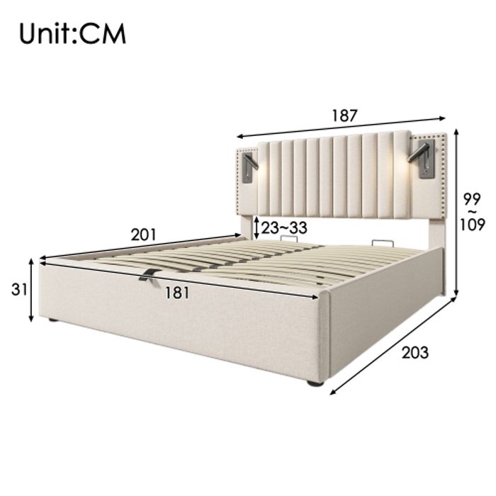 Lit double - MUVOE - 180x200 - Rembourré - Avec rangement - Charge USB