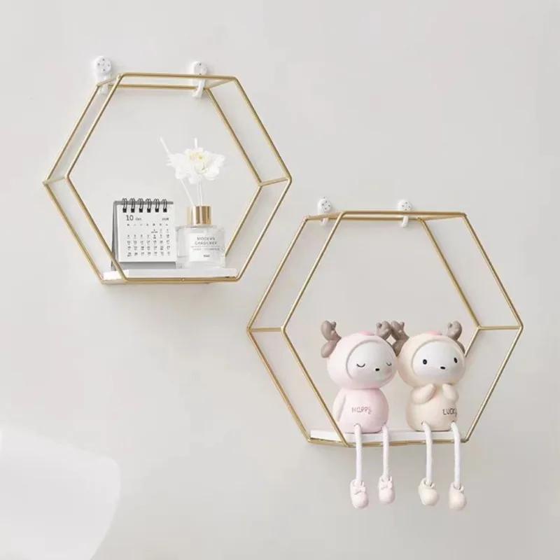 Iron Art Storage Shelf Wall Mounted Hexagon Storage Holder Storage Rack for Bedroom Living Room Office Organizer Decor