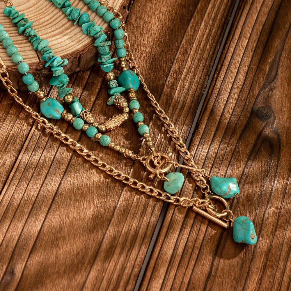 1 SET Ethnic Style Multilayer Turquoise Necklace Stacked Bohemian Style Clavicle Chain Girls