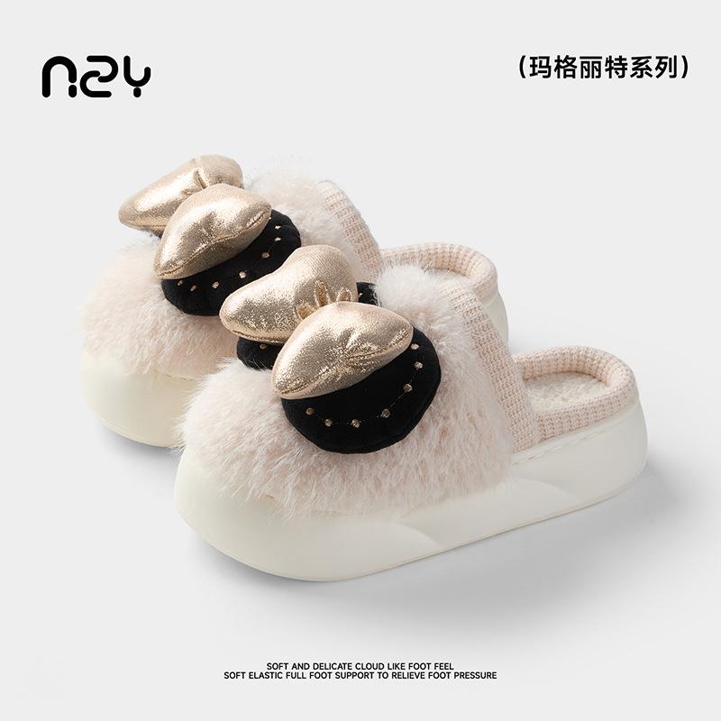 Nanbowan Sweet Bow Cotton Slippers Ladies Winter New Indoor Home Furnishing Fleece Warm Non-slip Cotton Drag Girl