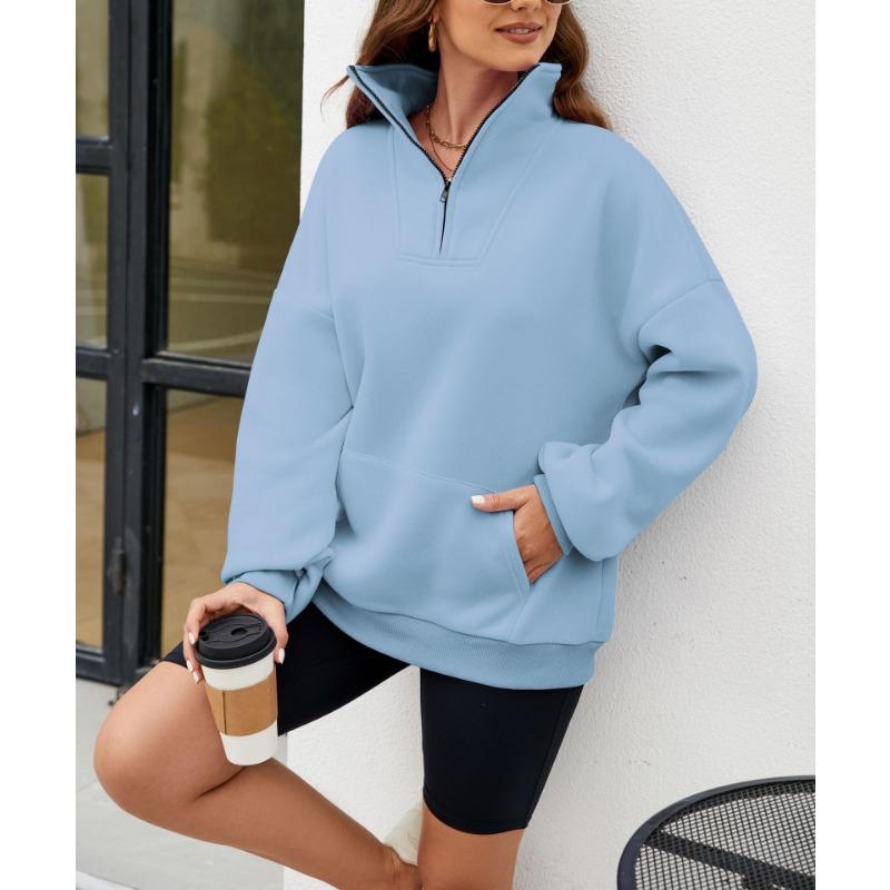 Осенне-зимняя однотонная женская свободная толстовка с воротником-стойкой на молнии