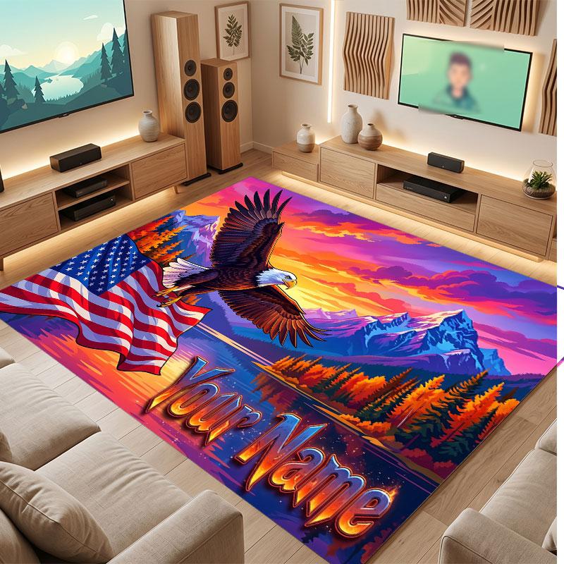American Patriotic Theme Crystal Velvet Floor Rug Personalized Custom Name Text Warm Carpet Home Decoration