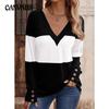 Women's Clashing Ladies Long Sleeve Pullover Women Color Block Splicing Buttoned Pullover Casual V-Neck Tops