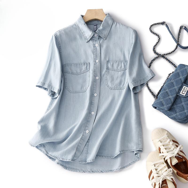 Summer Denim Shirt Short Sleeved Loose Top Tencel Shirt Blouses & Shirts
