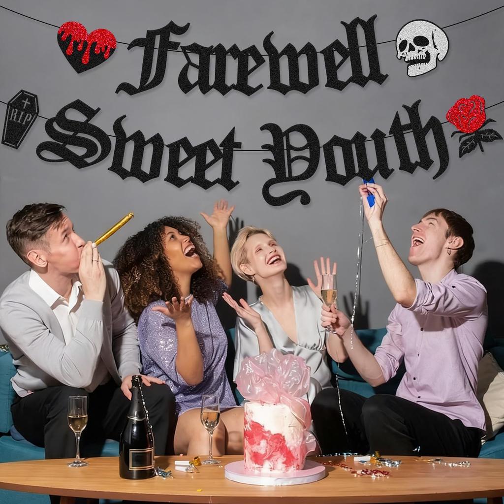 Farewell Sweet Youth Banner Funeral for My Youth Birthday Decorations Gothic Death Rip to my 20th 30th 40th bday Backdrop Bachelorette Retirment