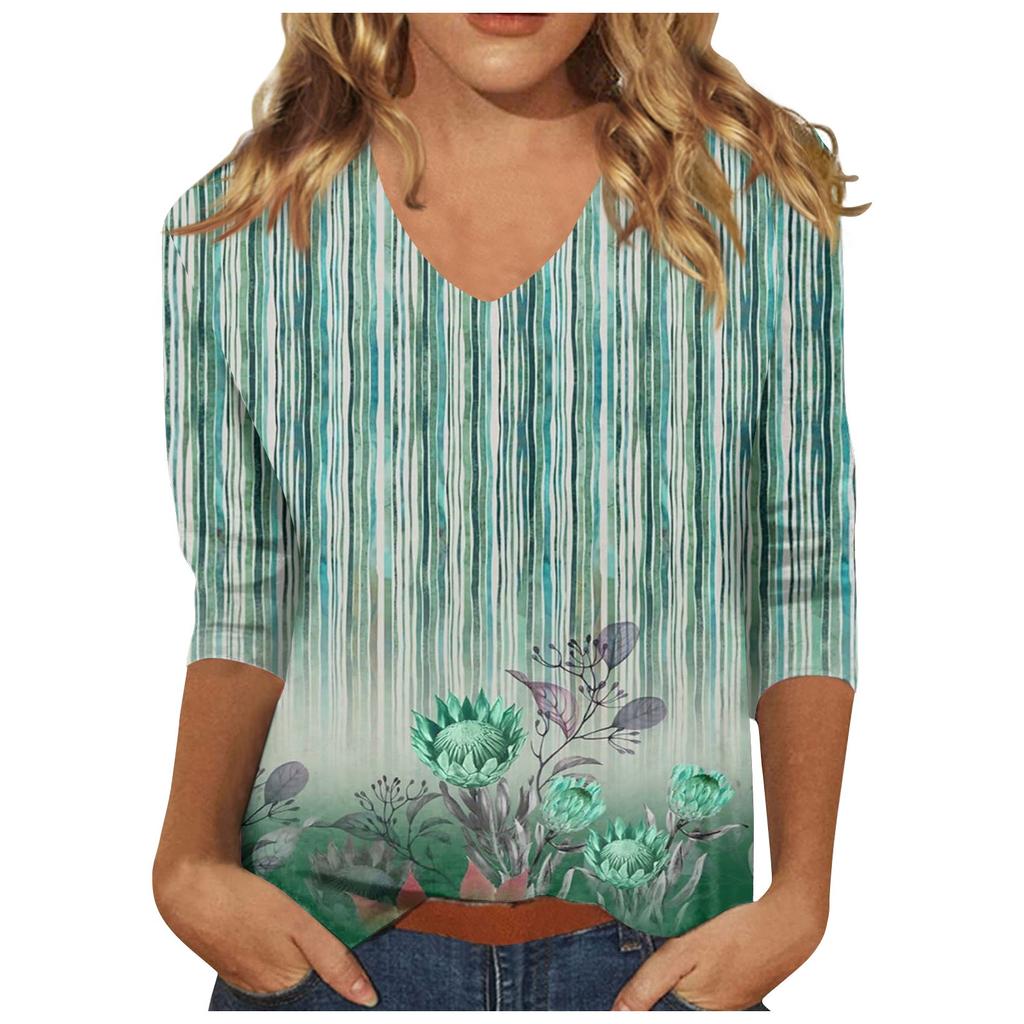 Women’s Fashion Everyday Everything Casual V-neck Seven-point Sleeve Printed T-shirt Top