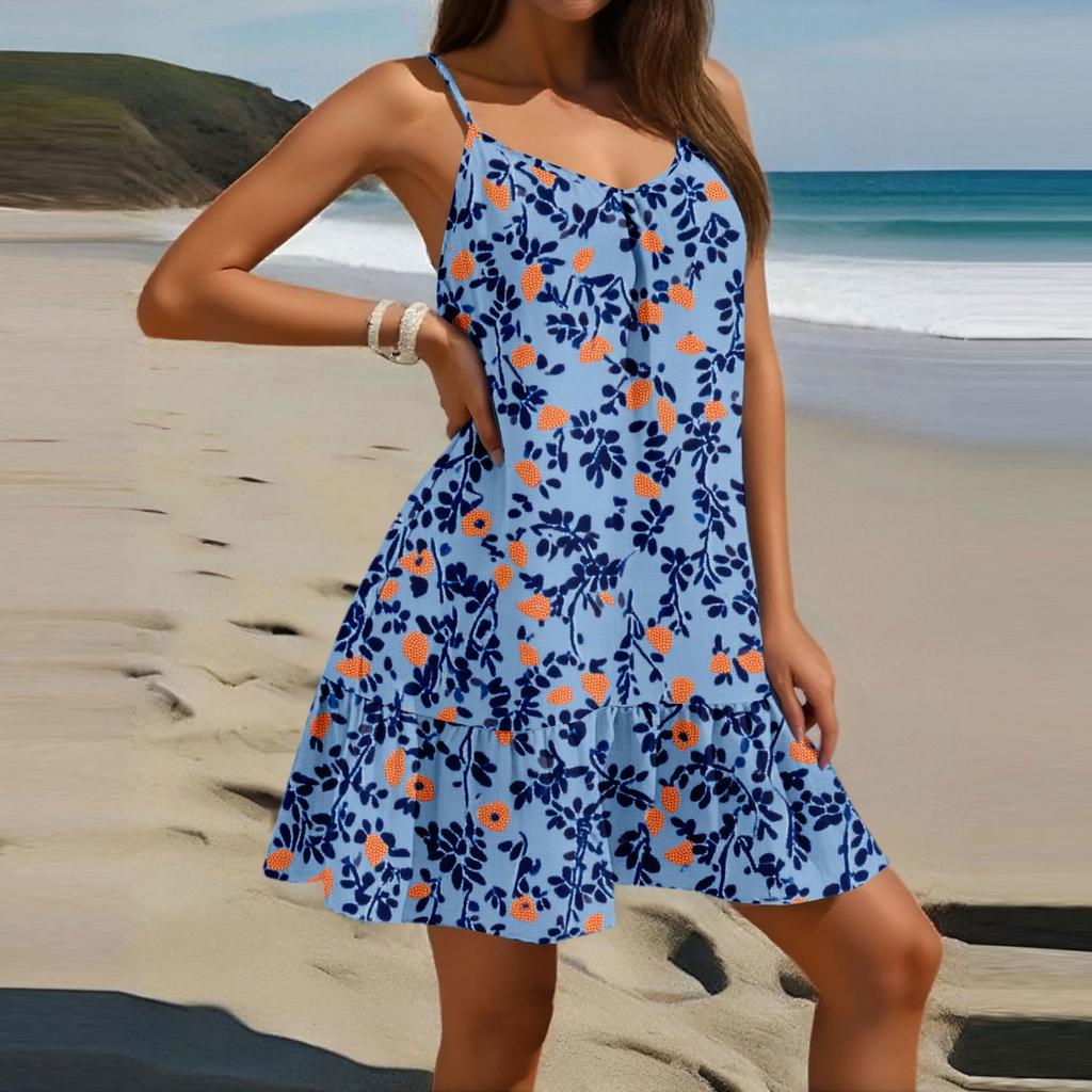 Женское модное повседневное платье без рукавов с круглым вырезом и цветочным принтом для пляжа