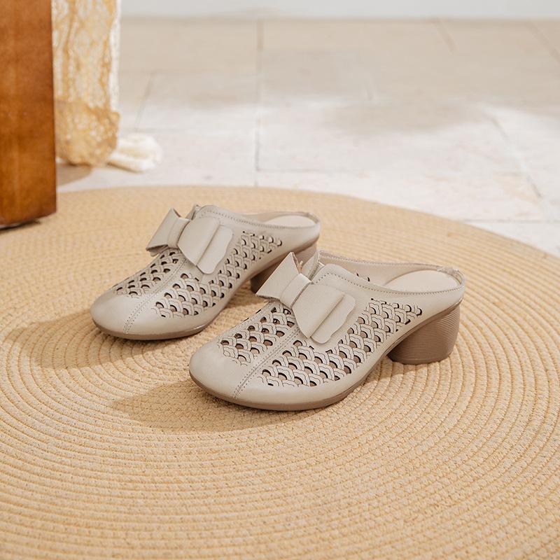 Johnature Женские тапочки из натуральной кожи с толстым каблуком и цветочным узором, с круглым носком, универсальная женская обувь