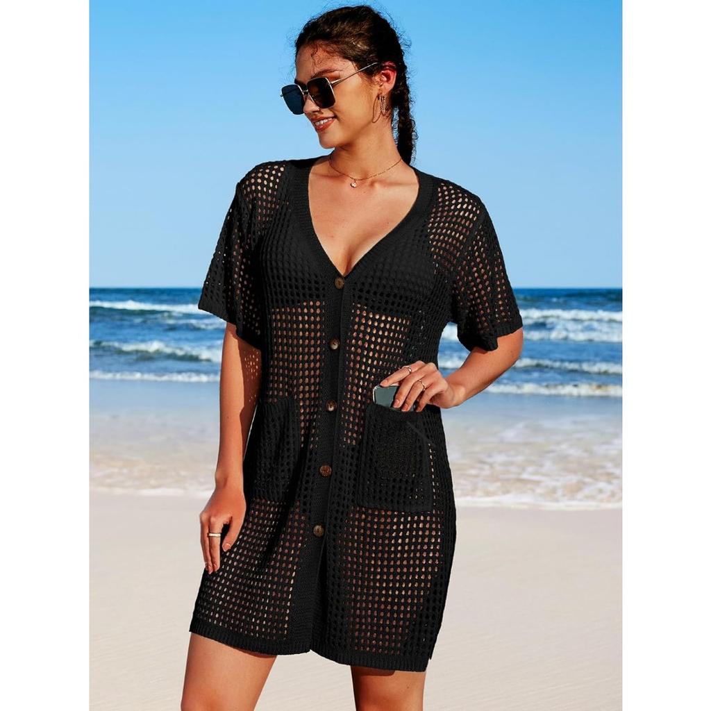 Charmleaks купальник накидка женское вязаное крючком пляжное платье на пуговицах с боковым разрезом купальный костюм накидки карманные купальники