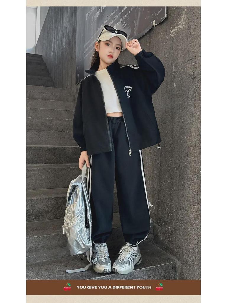 Полосатый кардиган спортивный костюм для девочек – длинный рукав, два предмета на осень