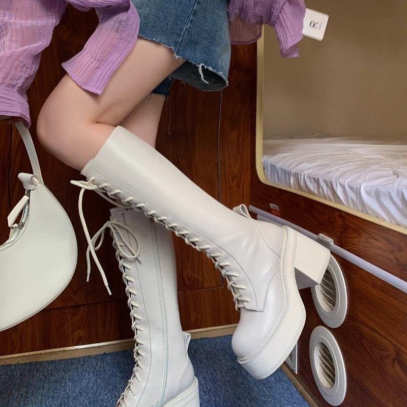 Женские сапоги до колена Модные повседневные сапоги на толстой подошве Высококачественные кожаные сапоги На шнуровке Сапоги на платформе для женщин Botas Mujer