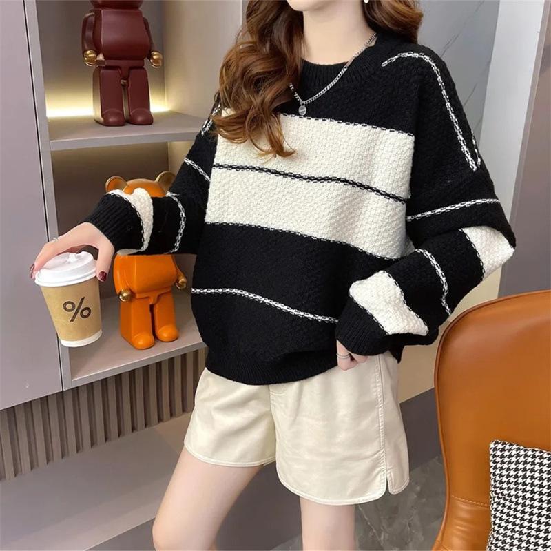 Осень и зима свободный ленивый ветер контрастный полосатый свитер женский новый круглый вырез длинный рукав вязаный свитер куртка топ
