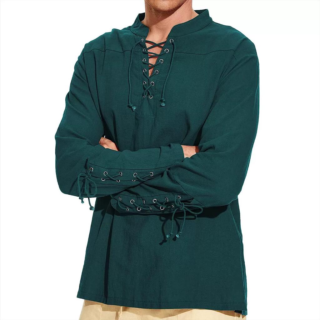 Cotton Linen Shirts for Men Medieval Costume Beach Tops Shirt Pull On Male Loose Casual Streetwear Cosplay Long Sleeve
