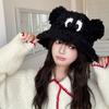 Мультяшная шляпа-панама из овечьего бархата для женщин, японская милая плюшевая шляпа с большими глазами, теплая и защищающая уши, милая шляпа-пуловер, для маленького лица