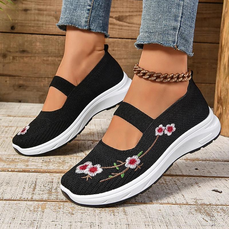 2024 Новые трикотажные вышитые цветочные мокасины на плоской платформе женские дышащие сетчатые кроссовки без застежек осенние туфли в стиле пэчворк на плоской подошве