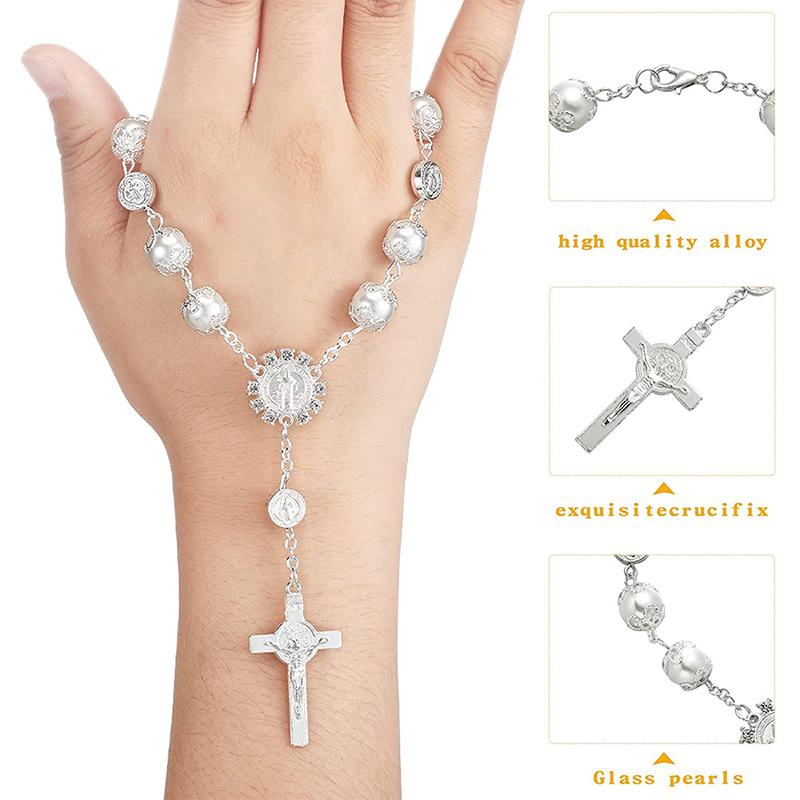 Car Pendant Bling Retro Imitation Pearl Metal Jesus Cross Car Rear View Mirror Hanging Ornament Cross Hanging Decoration