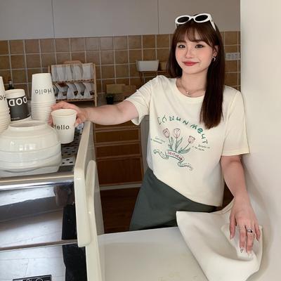 Дизайнерская футболка с коротким рукавом и принтом «Сладкие тюльпаны», женская, больших размеров, с круглым вырезом, свободного кроя, стройнящая