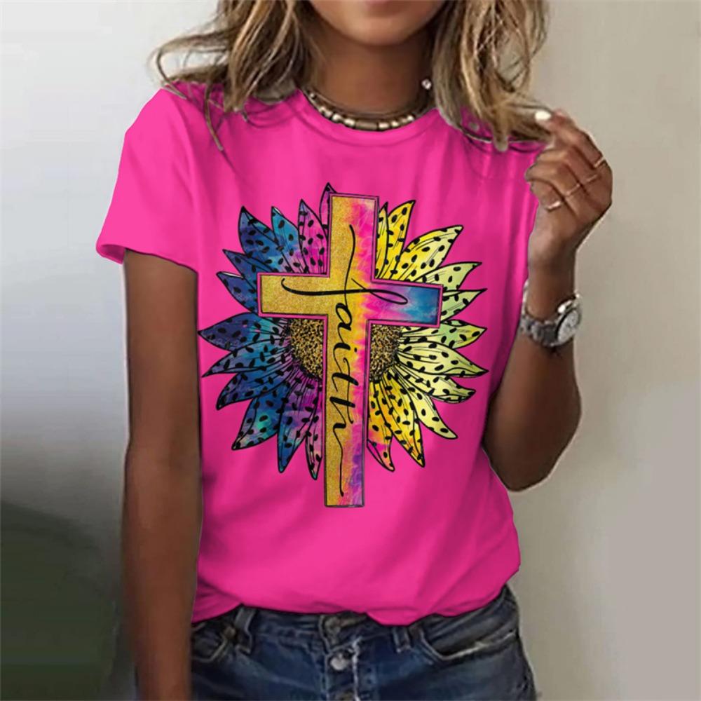 Футболка с рисунком креста Иисуса для женщин Футболки с 3D-принтом Священное христианство Летняя мода Уличные футболки с короткими рукавами Топы с круглым вырезом