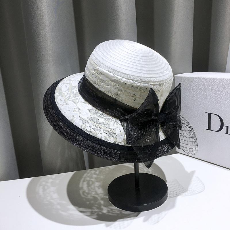 Летняя модная кружевная сетчатая шляпа-ведро женская в стиле Хепберн, цветной ретро-цилиндр, элегантный козырек с бантом