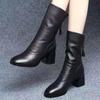 Fashion Black Middle Heel Leather Ladies Mid Calf Shoes Pointed Toe Fleece-Lined Women's Half High Boots Autumn Winter Elegant Footwear