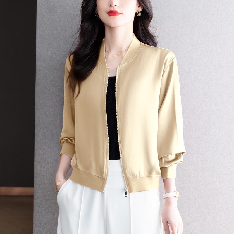Весна 2024 Женская свободная бейсбольная куртка из ацетатного атласа - Повседневный короткий кардиган с длинными рукавами
