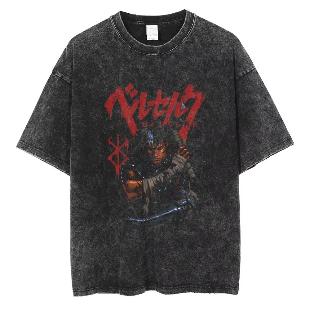 Unisex Berserk Manga Tshirt Guts Anime T Shirt for Men Women T-shirt Vintage Washed Cotton Clothing Summer Casual Short Sleeves Tees