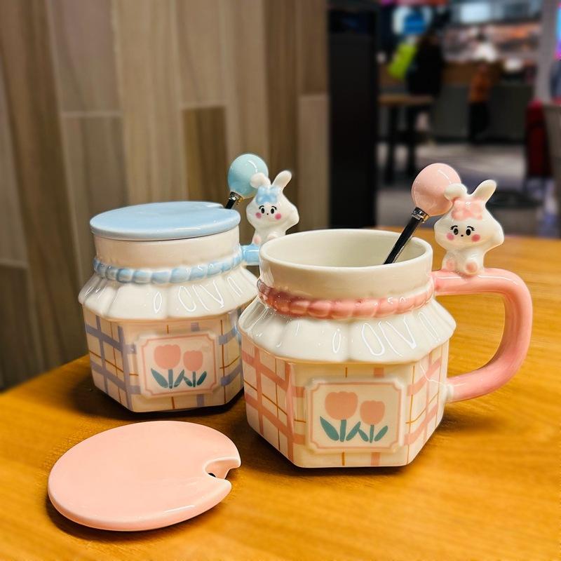 Пара кроликов Чашка-тюльпан Сувенир Подарок на день рождения Девочка Офисная чашка для воды Керамическая кружка с крышкой